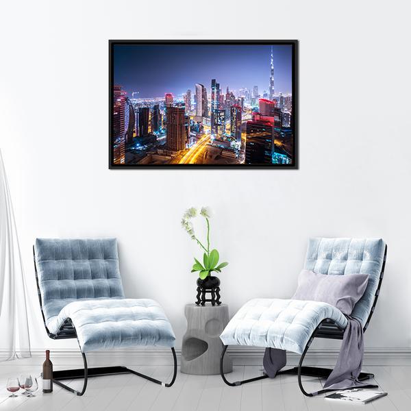 Night Cityscape Of Dubai Canvas Wall Art-1 Piece-Floating Frame-24" x 16"-Tiaracle