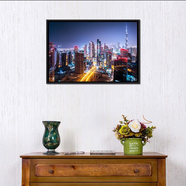 Night Cityscape Of Dubai Canvas Wall Art-3 Horizontal-Gallery Wrap-25" x 16"-Tiaracle