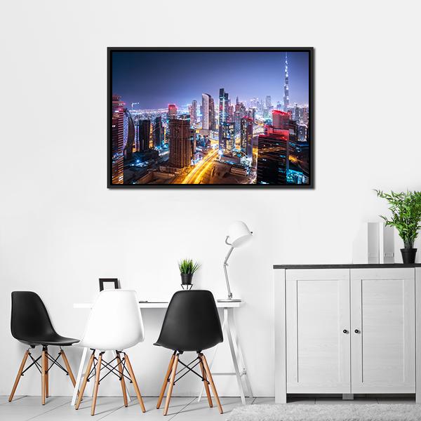 Night Cityscape Of Dubai Canvas Wall Art-3 Horizontal-Gallery Wrap-25" x 16"-Tiaracle