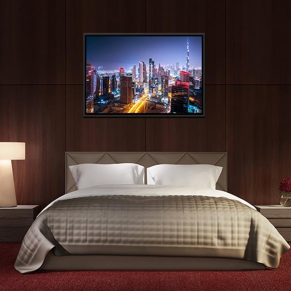 Night Cityscape Of Dubai Canvas Wall Art-3 Horizontal-Gallery Wrap-25" x 16"-Tiaracle