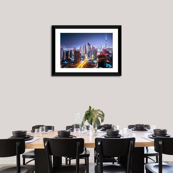 Night Cityscape Of Dubai Canvas Wall Art-1 Piece-Framed Print-20" x 16"-Tiaracle