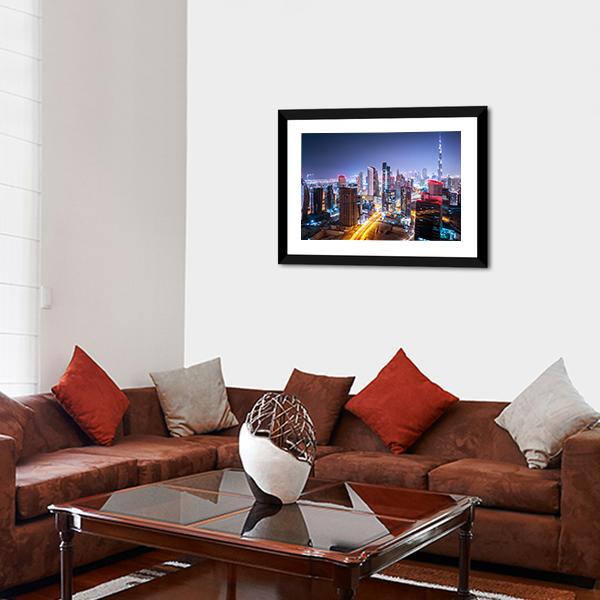 Night Cityscape Of Dubai Canvas Wall Art-3 Horizontal-Gallery Wrap-25" x 16"-Tiaracle