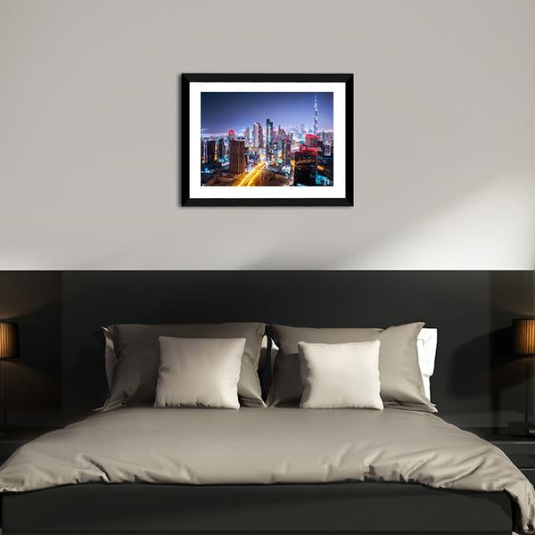 Night Cityscape Of Dubai Canvas Wall Art-3 Horizontal-Gallery Wrap-25" x 16"-Tiaracle