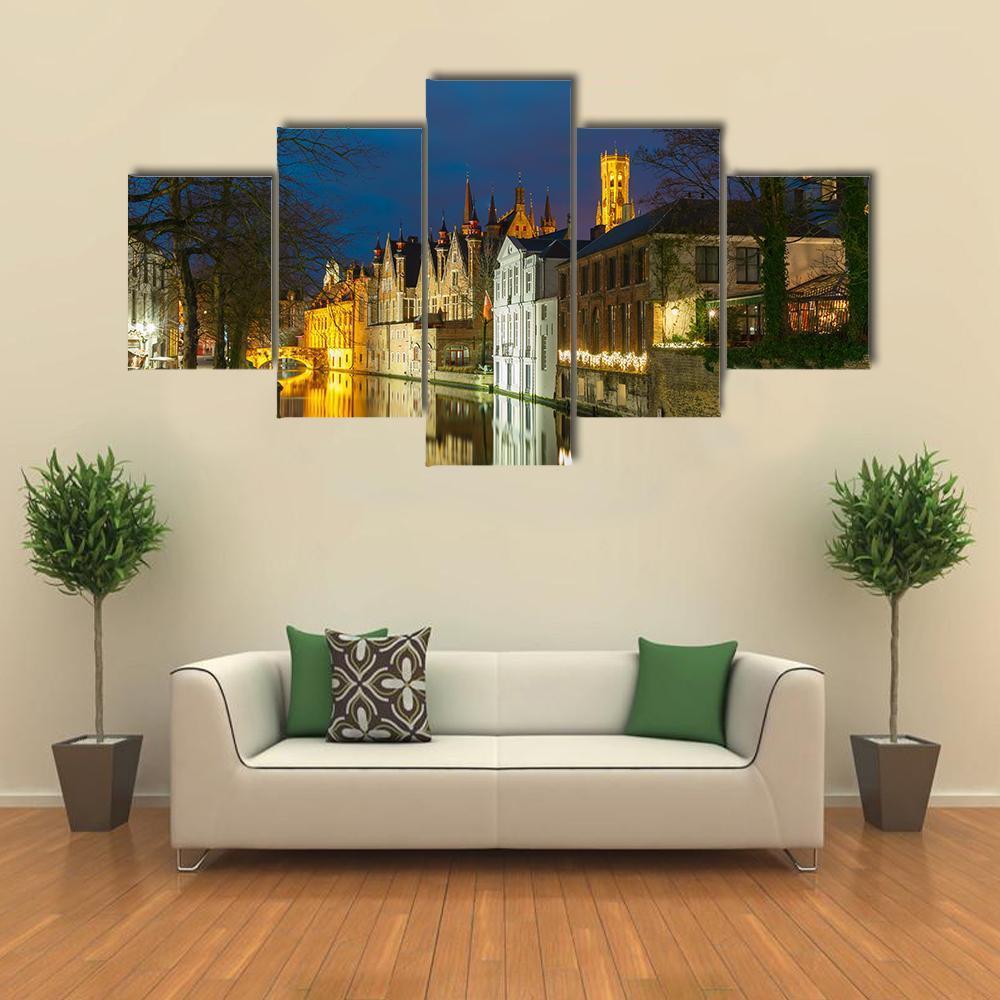 Green Canal In Bruges Canvas Wall Art-5 Star-Gallery Wrap-62" x 32"-Tiaracle