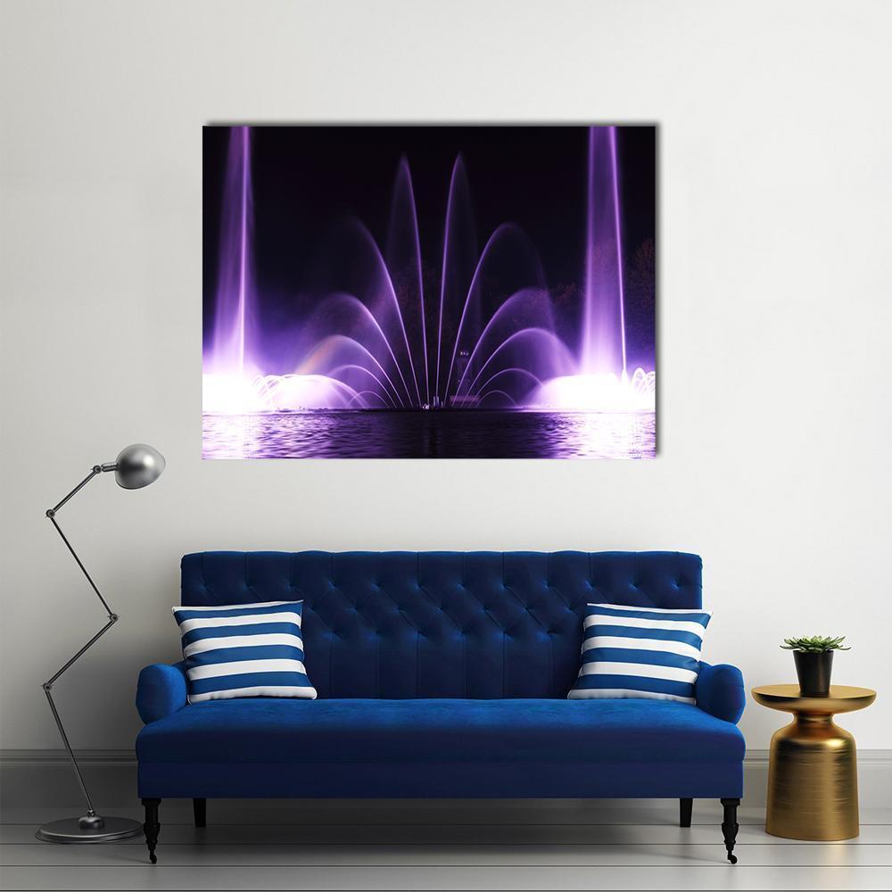 Purple Fountain Night Reflections Canvas Wall Art in black, white and purple, single panel hung on a wall