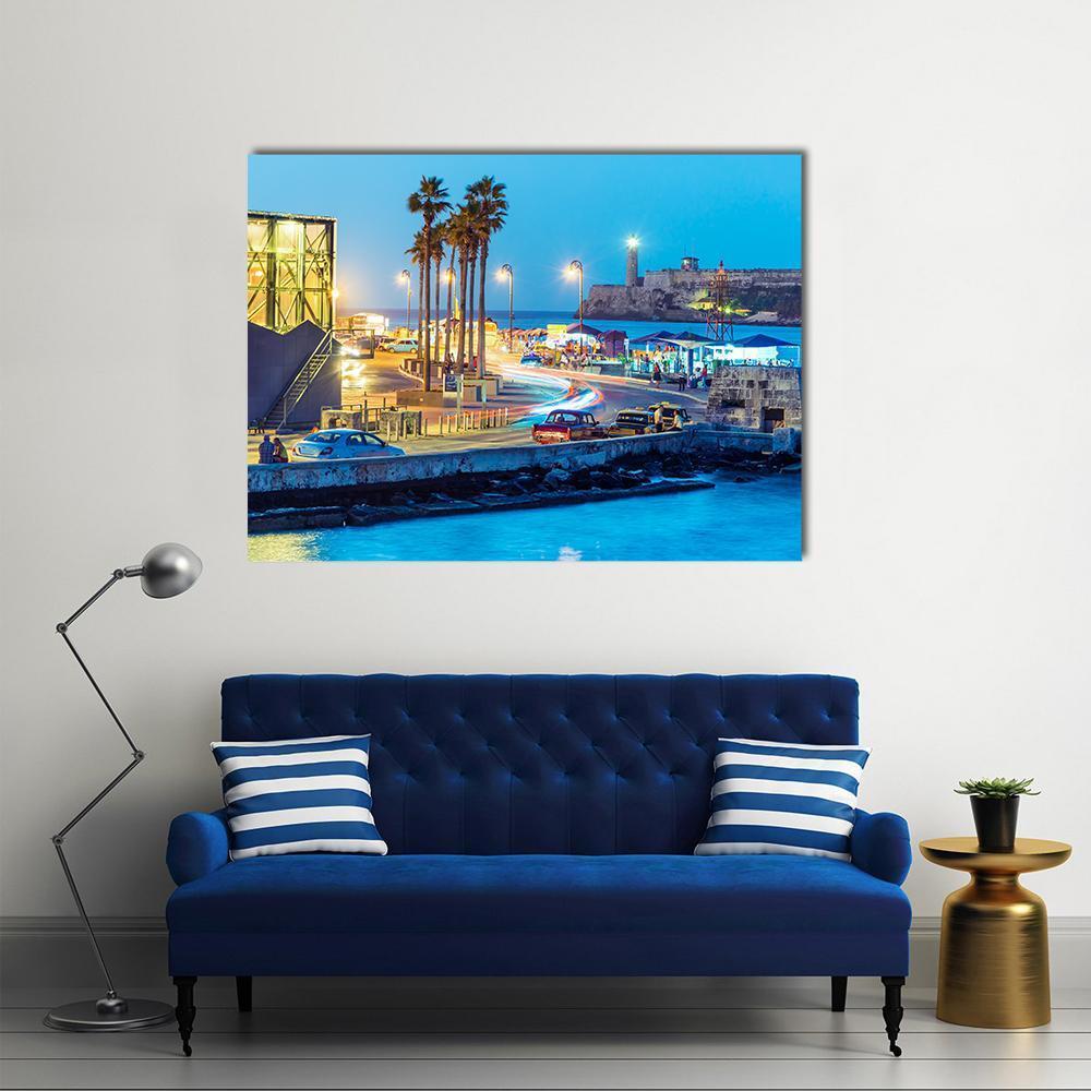 Night in Old Havana with Lively Waterfront Canvas Wall Art in orange, yellow and blue, single panel hung on a wall