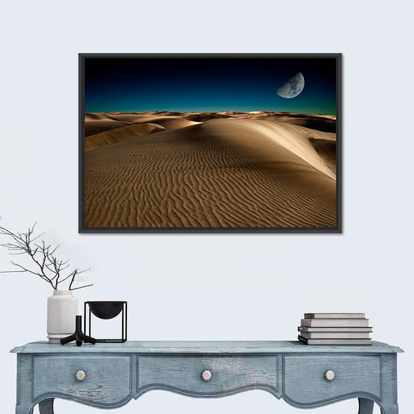 Night in Serene Desert Dunes Canvas Wall Art in beige, brown and blue, framed canvas, product view on a white background