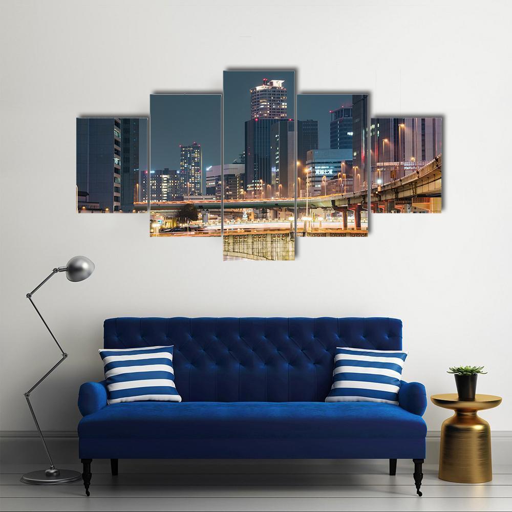 Night In Downtown Osaka Canvas Wall Art-5 Pop-Gallery Wrap-47" x 32"-Tiaracle