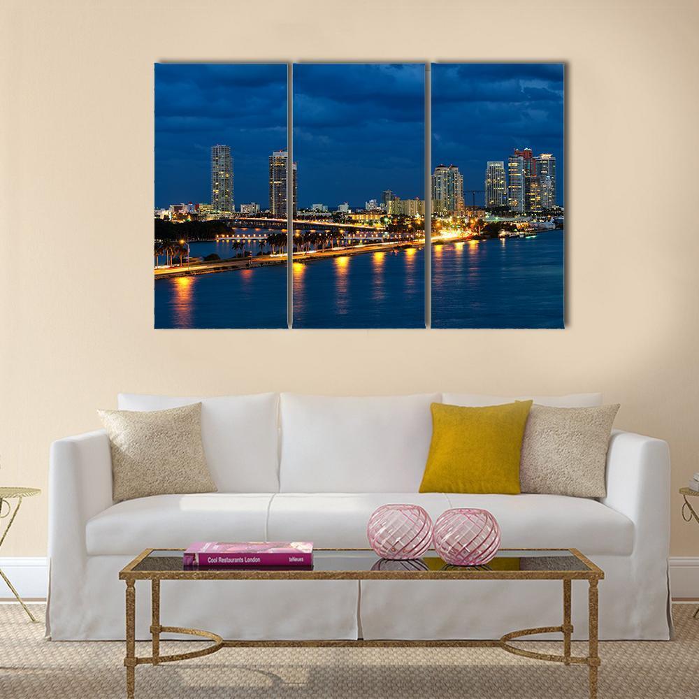 Night In Miami Florida Canvas Wall Art-3 Horizontal-Gallery Wrap-37" x 24"-Tiaracle