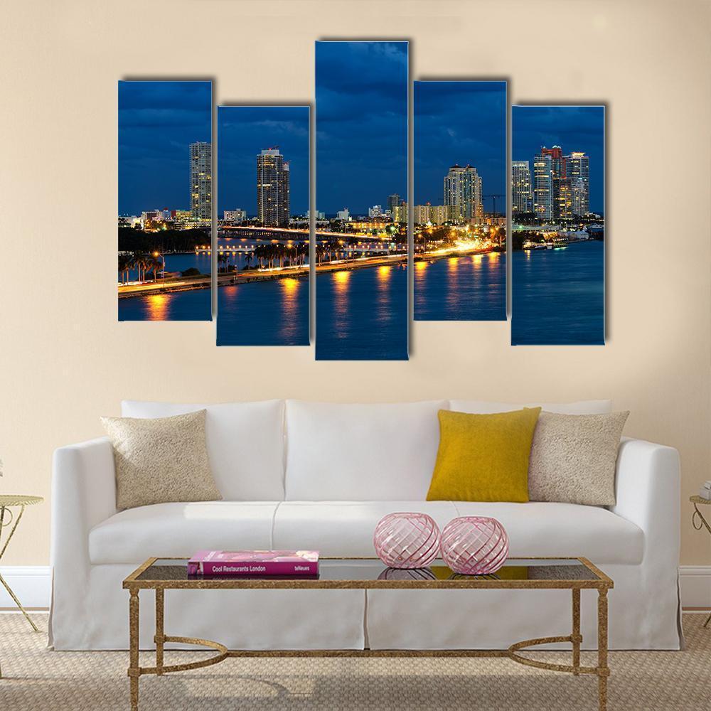 Night In Miami Florida Canvas Wall Art-5 Pop-Gallery Wrap-47" x 32"-Tiaracle