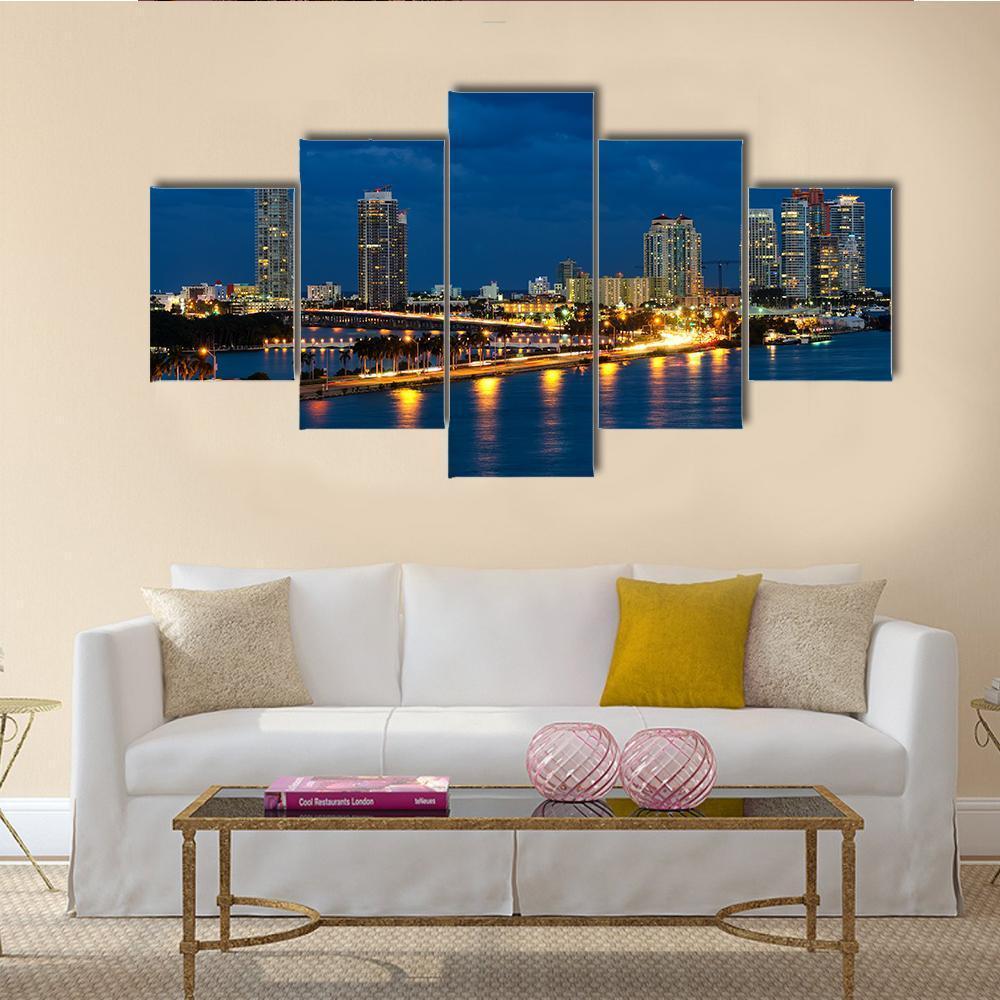 Night In Miami Florida Canvas Wall Art-5 Star-Gallery Wrap-62" x 32"-Tiaracle
