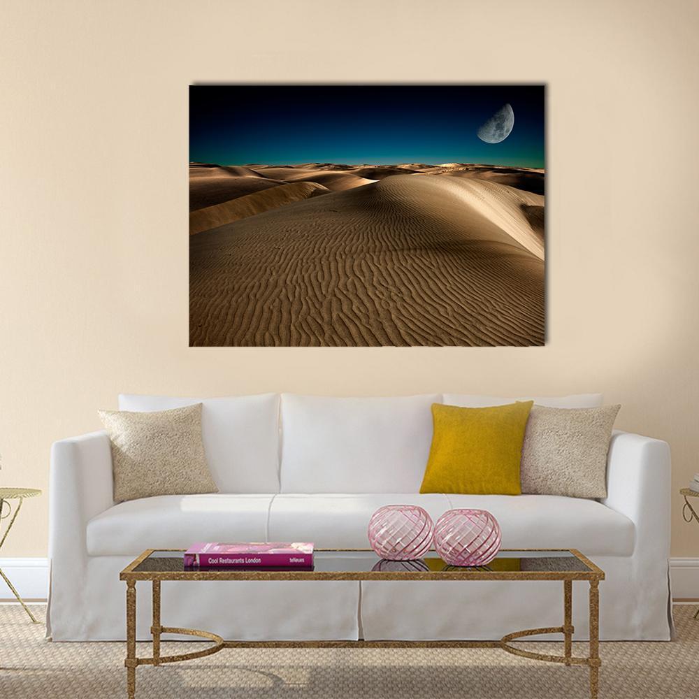 Night in Serene Desert Dunes Canvas Wall Art in beige, brown and blue, single panel hung on a wall