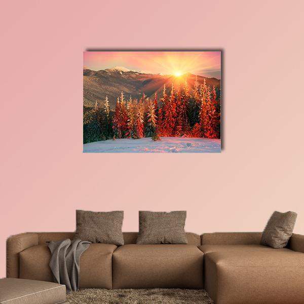 Ukrainian Carpathians at Sunrise Canvas Wall Art in white, orange and pink, single panel hung on a wall