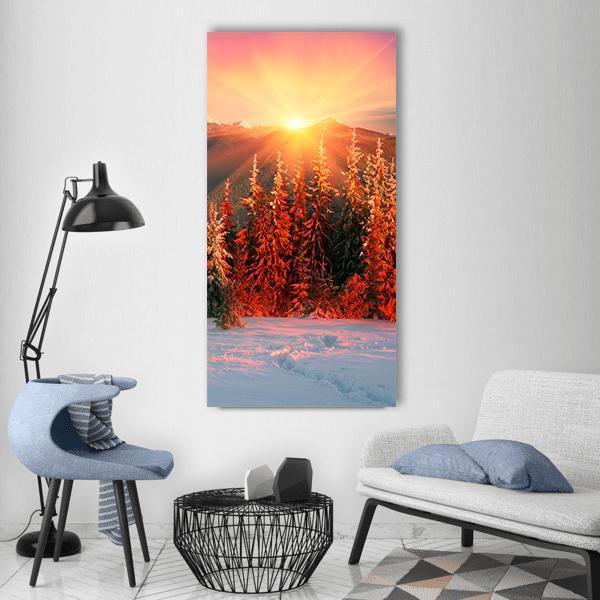 Sunrise Over the Ukrainian Carpathians Vertical Canvas Wall Art in white, orange and yellow, single vertical panel hung on a wall