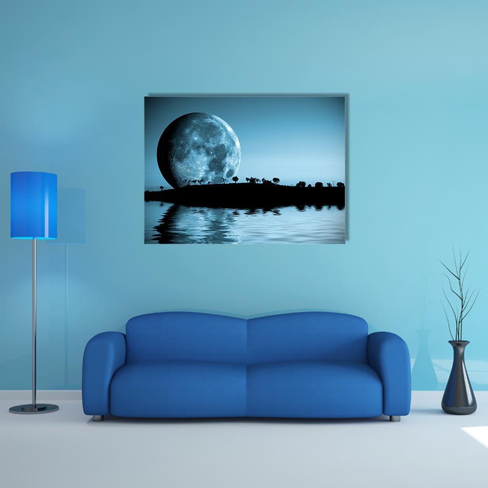 Full Moon and Lake Reflection Canvas Wall Art in black, blue and navy, single panel hung on a wall