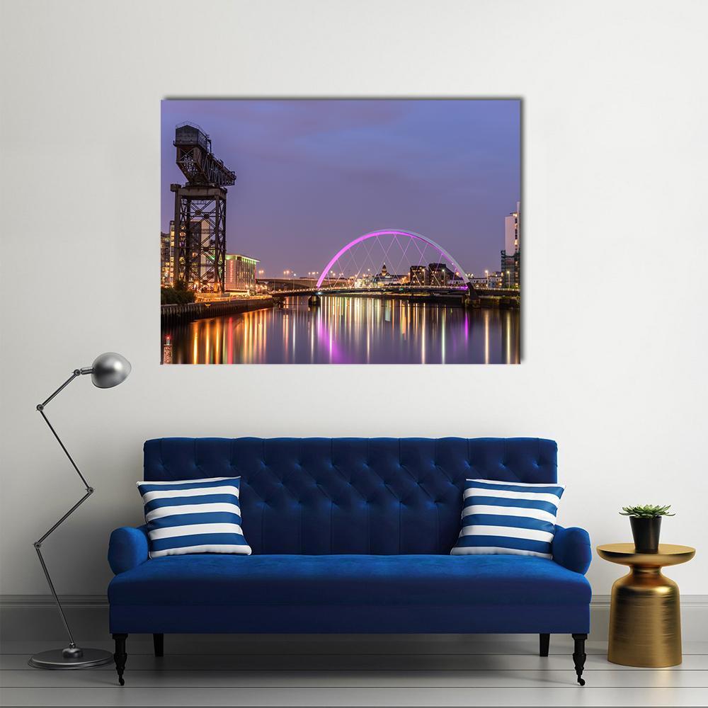 Clyde Arc Bridge Glasgow Night Reflection Canvas Wall Art in black, blue and purple, single panel hung on a wall
