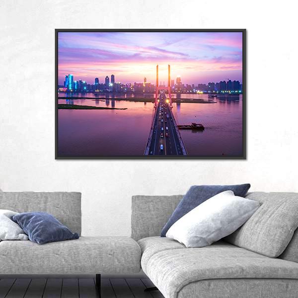 Night Of Modern Bridge Canvas Wall Art-1 Piece-Floating Frame-24" x 16"-Tiaracle