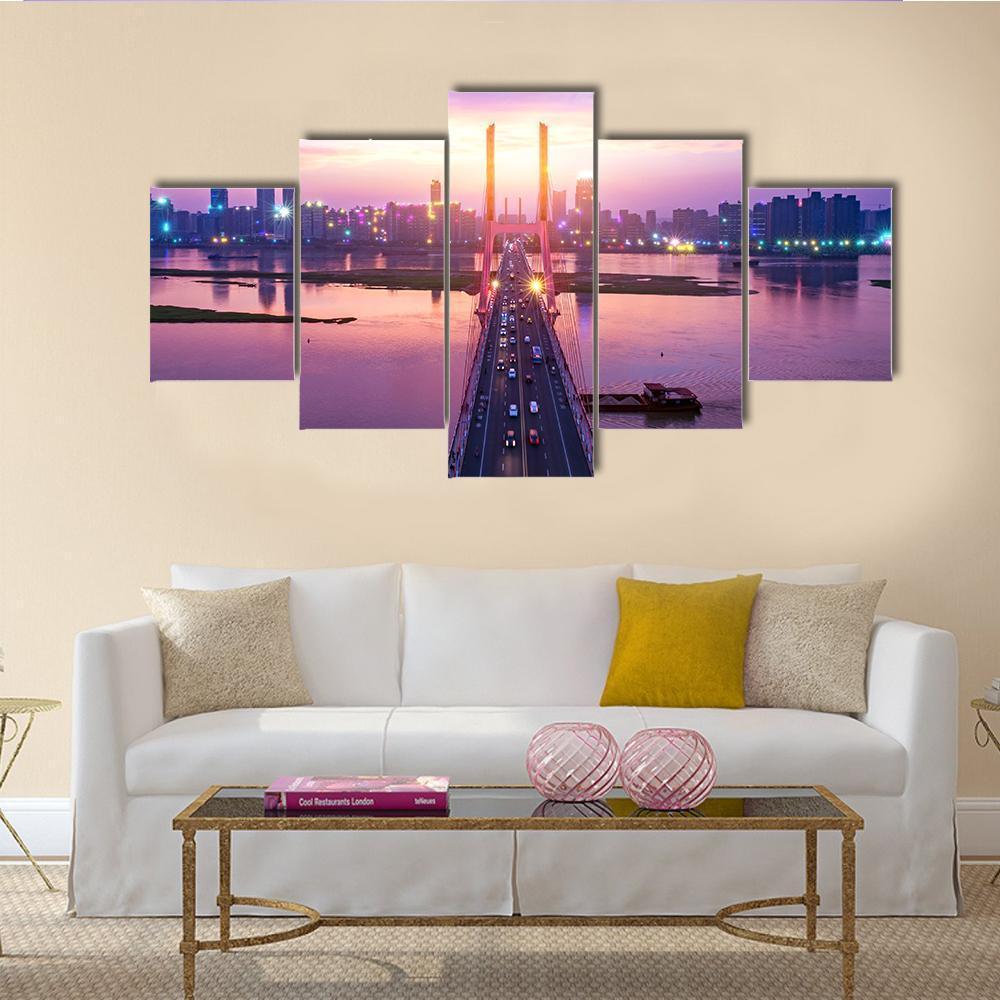 Night Of Modern Bridge Canvas Wall Art-5 Star-Gallery Wrap-62" x 32"-Tiaracle