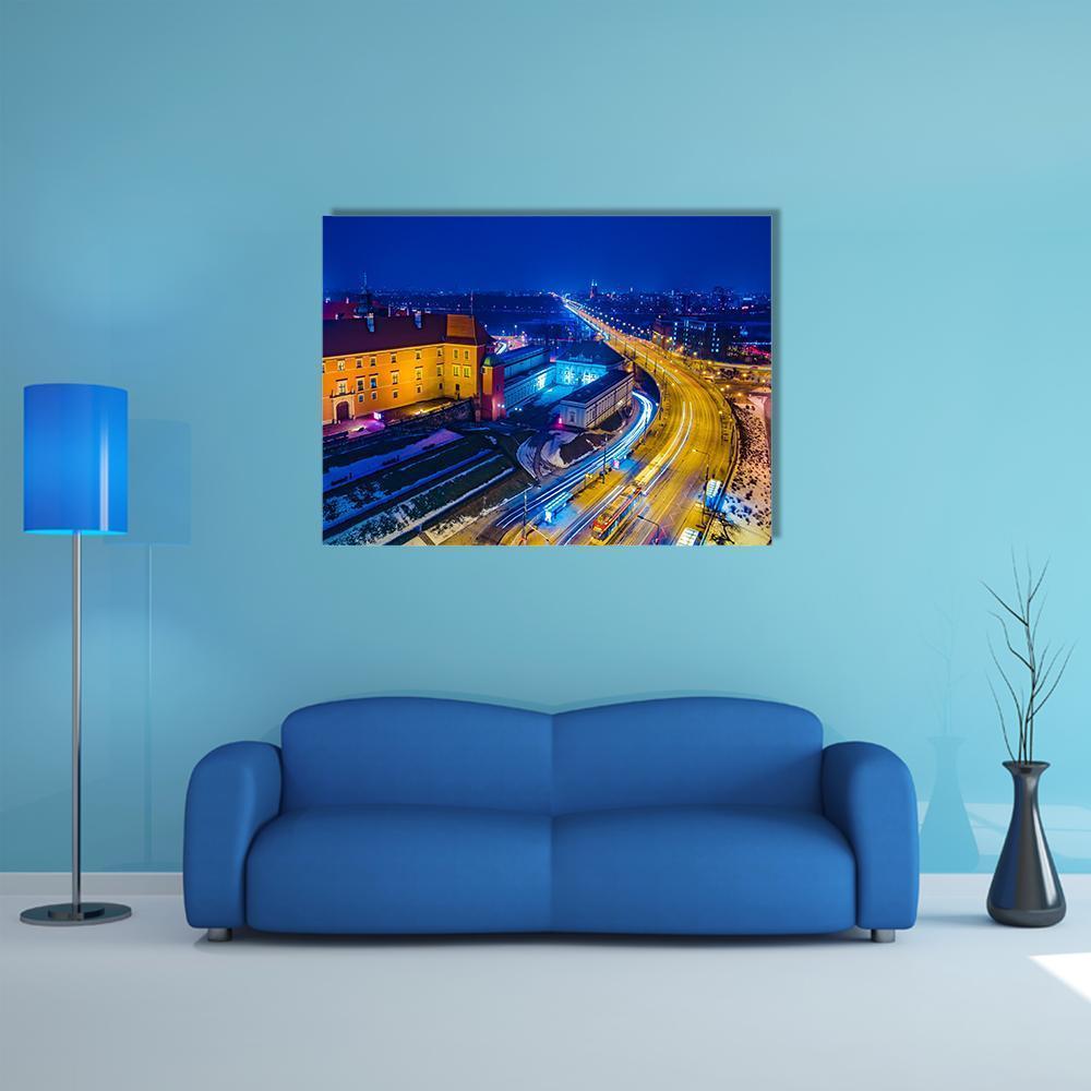 Royal Castle and Old Town Canvas Wall Art in orange, yellow and blue, single panel hung on a wall