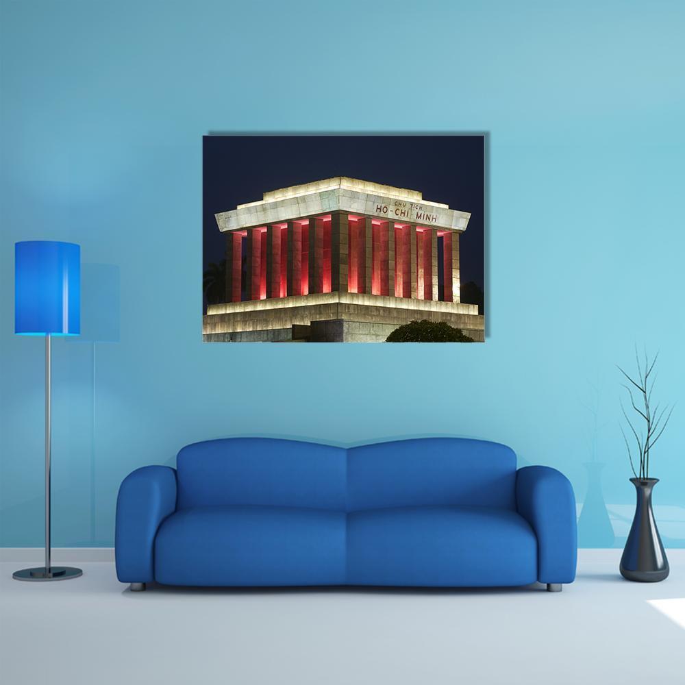Ho Chi Minh Mausoleum Facade at Night Canvas Wall Art in black, red and yellow, single panel hung on a wall