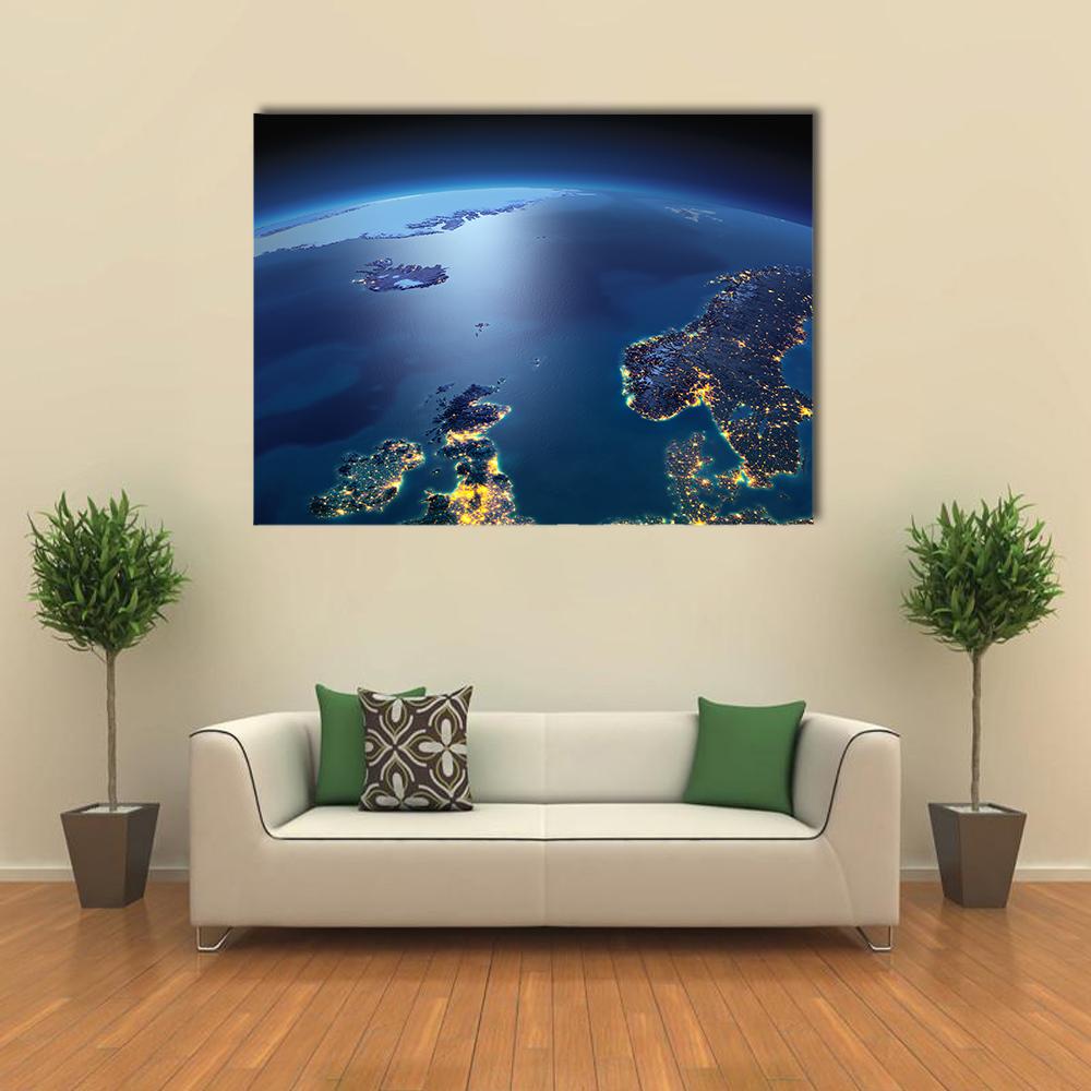 Earth at Night from Space Canvas Wall Art in black, gold and blue, single panel hung on a wall