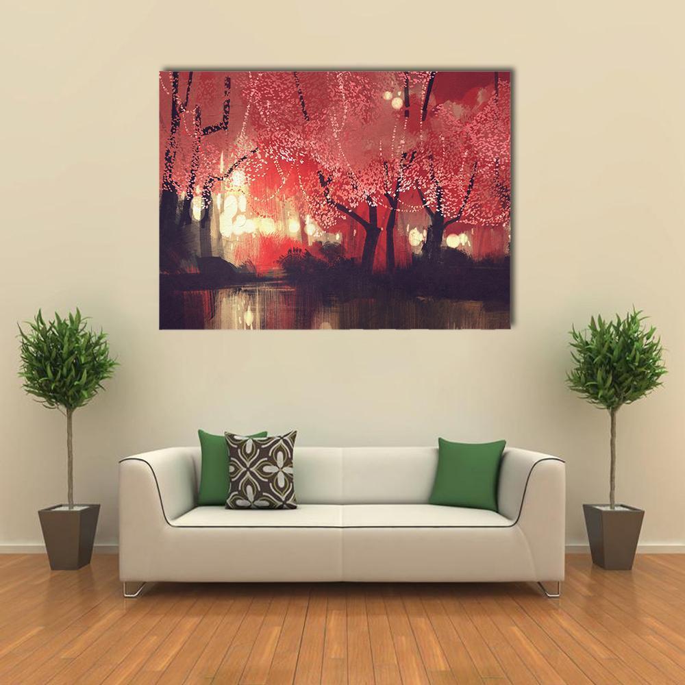 Night Forest with Pink Blossoms and String Lights Canvas Wall Art in black, red and pink, single panel hung on a wall