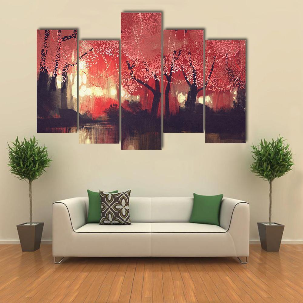 Night Scene Of Autumn Forest Canvas Wall Art-5 Pop-Gallery Wrap-47" x 32"-Tiaracle
