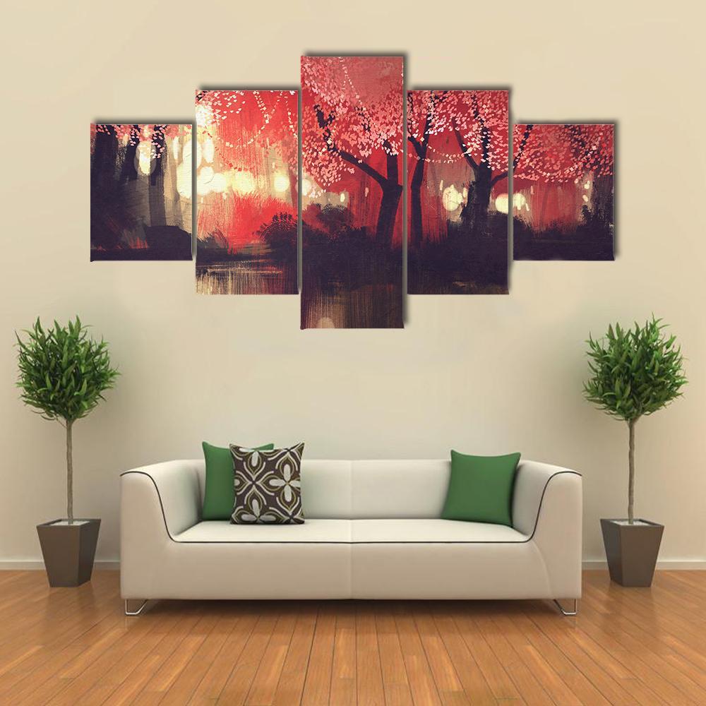 Night Scene Of Autumn Forest Canvas Wall Art-5 Star-Gallery Wrap-62" x 32"-Tiaracle