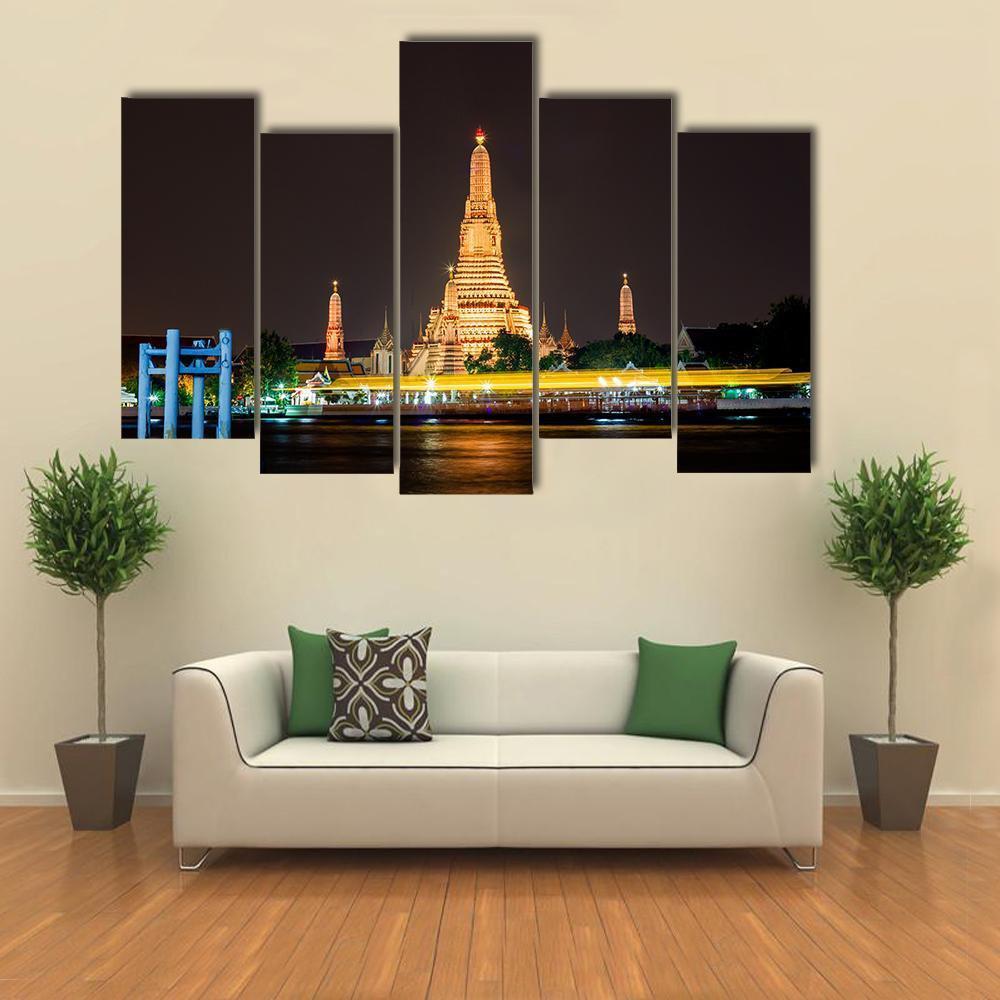 Wat Arun Ratchawararam Temple Canvas Wall Art-5 Pop-Gallery Wrap-47" x 32"-Tiaracle