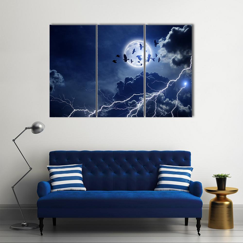 Moon Lightning & Dark Clouds Canvas Wall Art-1 Piece-Gallery Wrap-48" x 32"-Tiaracle