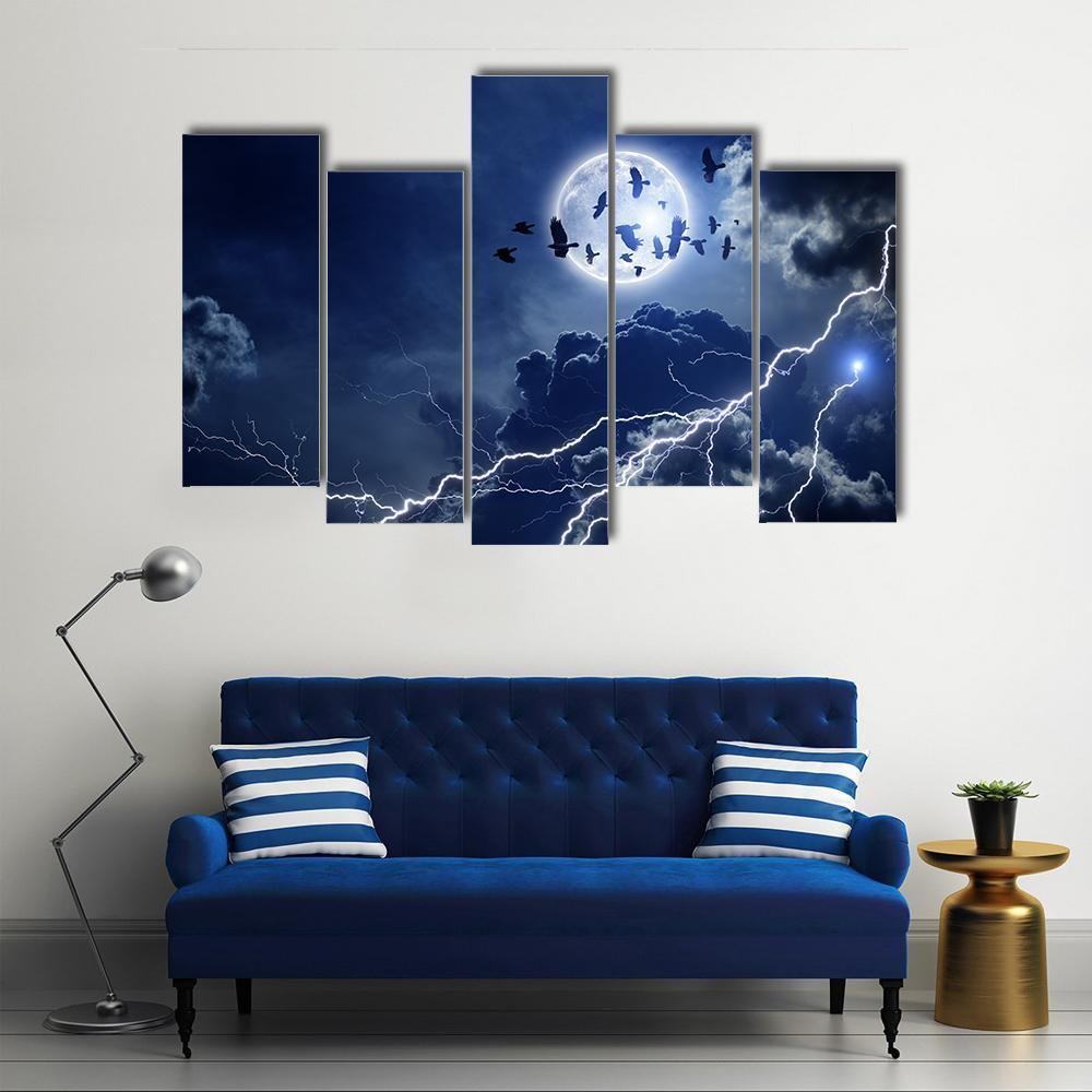 Moon Lightning &amp; Dark Clouds Canvas Wall Art-5 Pop-Gallery Wrap-47" x 32"-Tiaracle