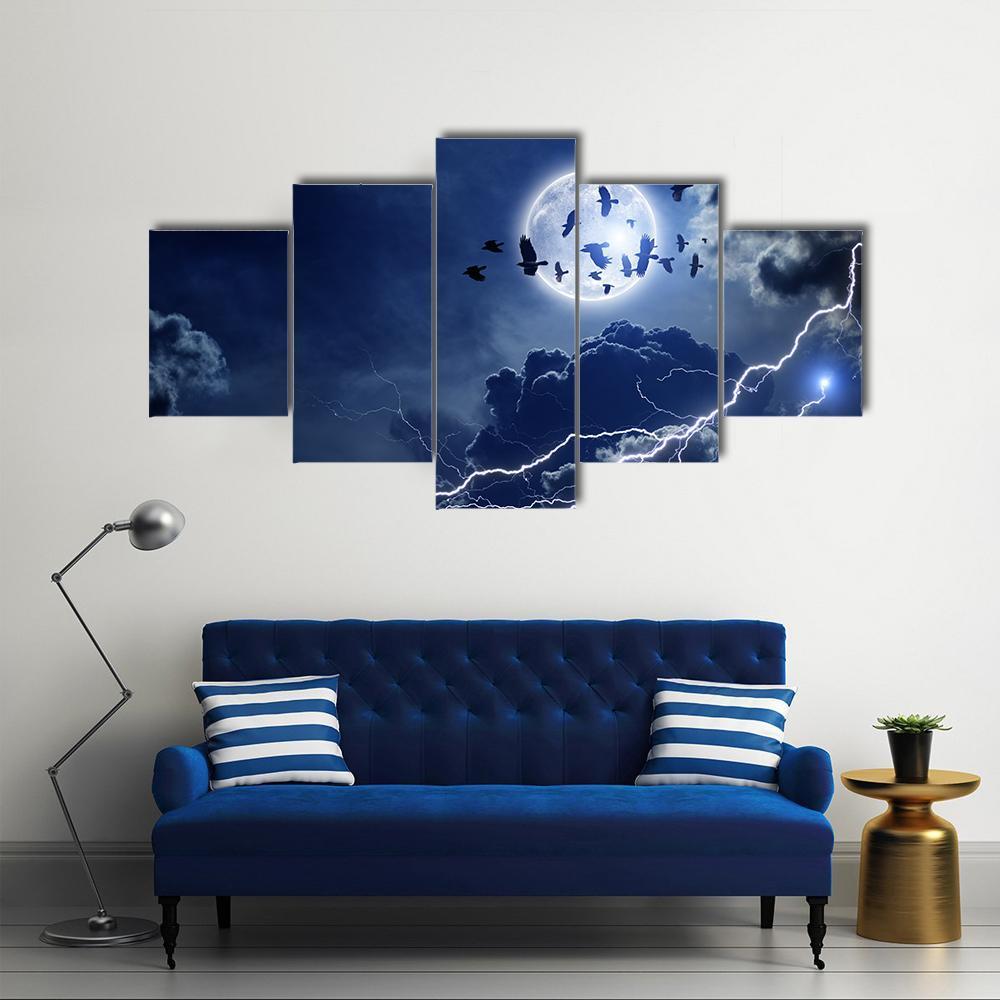 Moon Lightning &amp; Dark Clouds Canvas Wall Art-5 Star-Gallery Wrap-62" x 32"-Tiaracle
