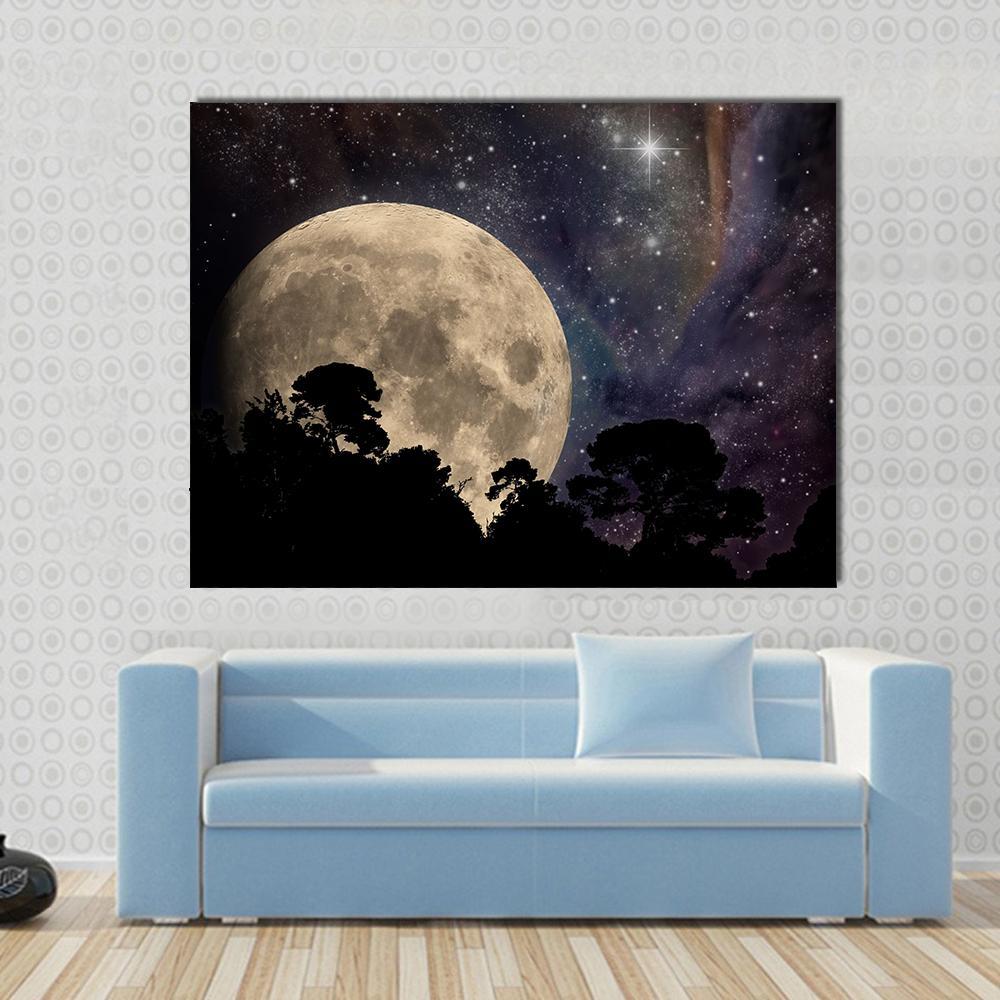 Night Sky with Moon Canvas Wall Art in black, beige and blue, single panel hung on a wall