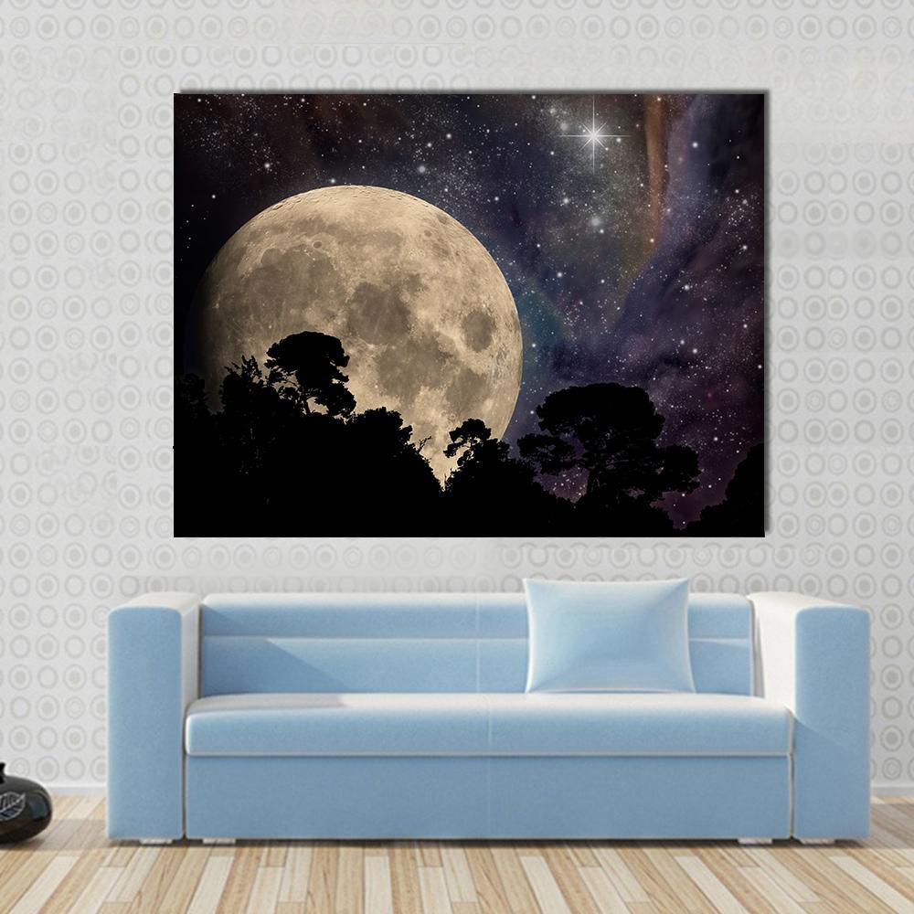 Night Sky With Moon Canvas Wall Art-4 Horizontal-Gallery Wrap-34" x 24"-Tiaracle