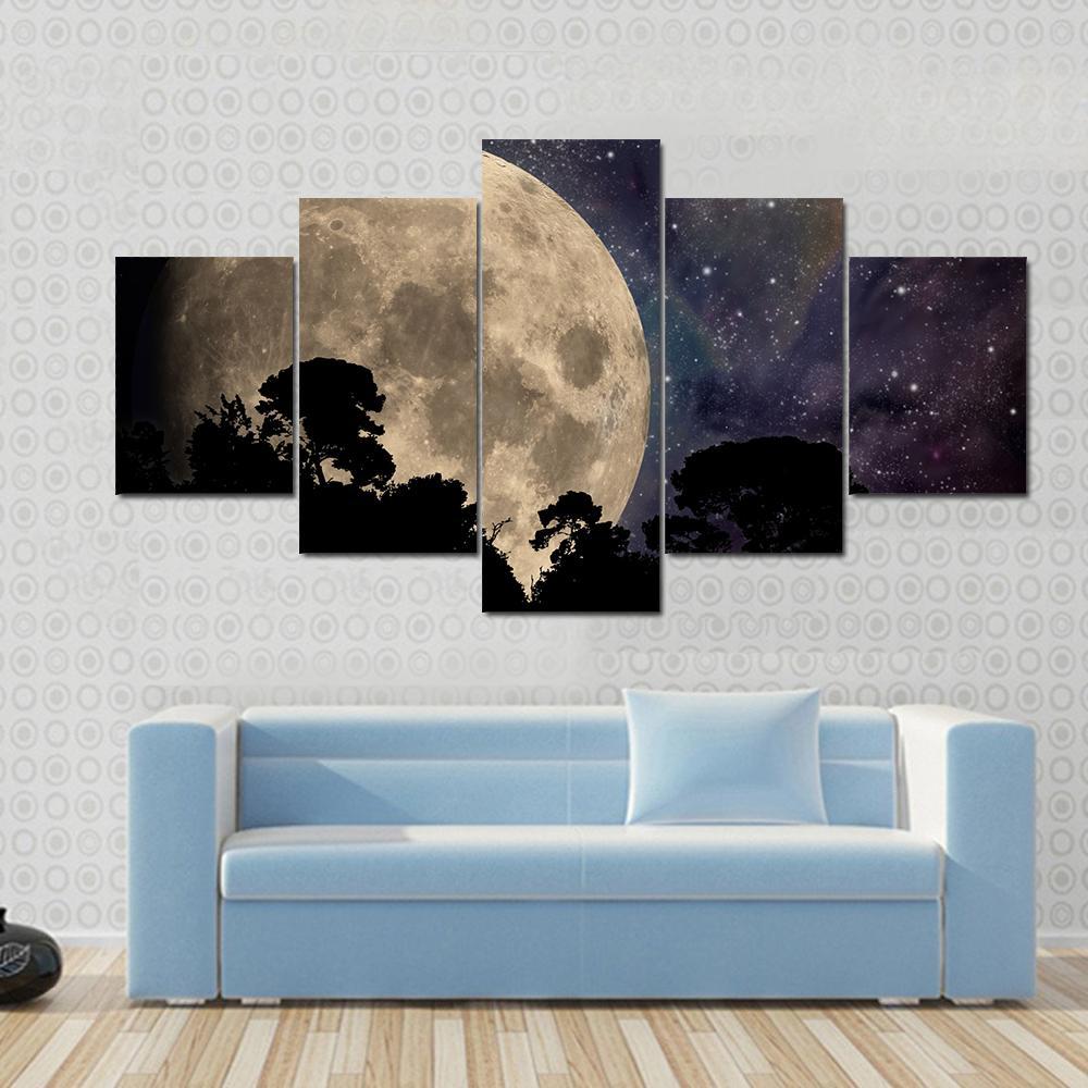 Night Sky With Moon Canvas Wall Art-3 Horizontal-Gallery Wrap-37" x 24"-Tiaracle