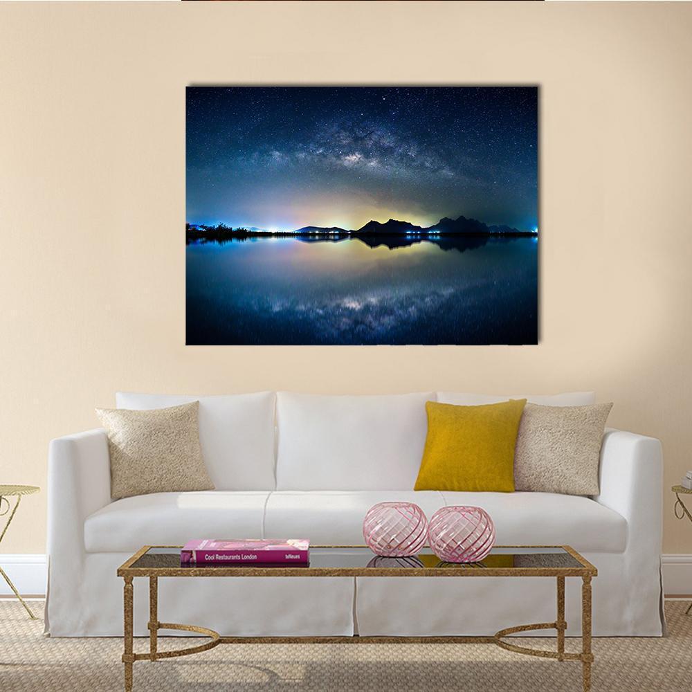 Milky Way Over Mountain Lake Canvas Wall Art in black, blue and navy, single panel hung on a wall