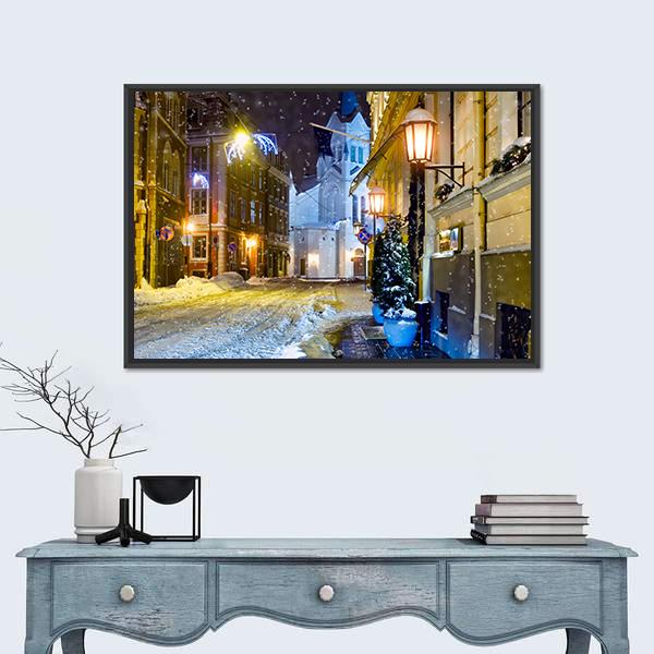Night Town Riga Latvia Canvas Wall Art-1 Piece-Floating Frame-24" x 16"-Tiaracle