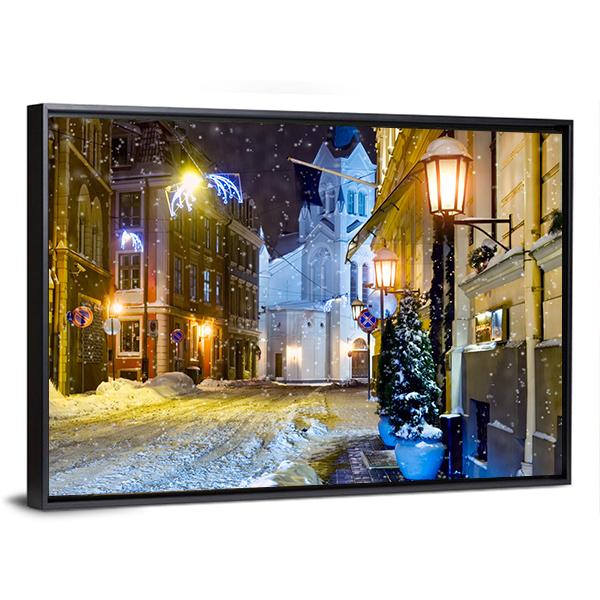 Night Town Riga Latvia Canvas Wall Art-3 Horizontal-Gallery Wrap-25" x 16"-Tiaracle