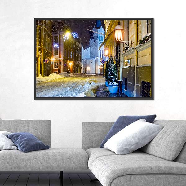 Night Town Riga Latvia Canvas Wall Art-3 Horizontal-Gallery Wrap-25" x 16"-Tiaracle