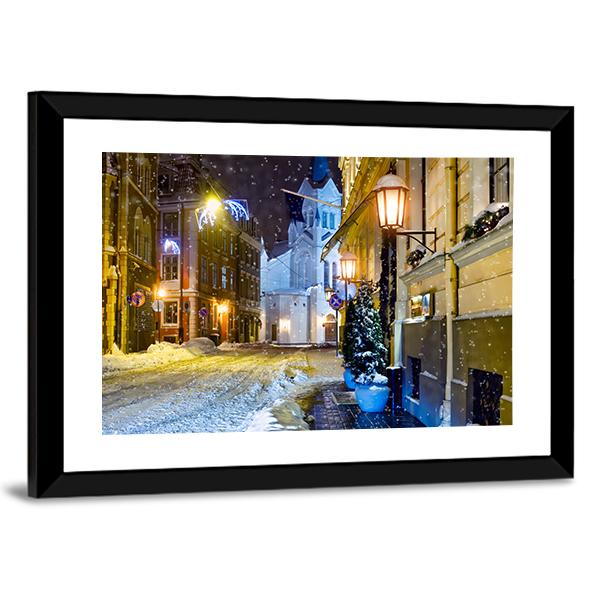 Night Town Riga Latvia Canvas Wall Art-3 Horizontal-Gallery Wrap-25" x 16"-Tiaracle