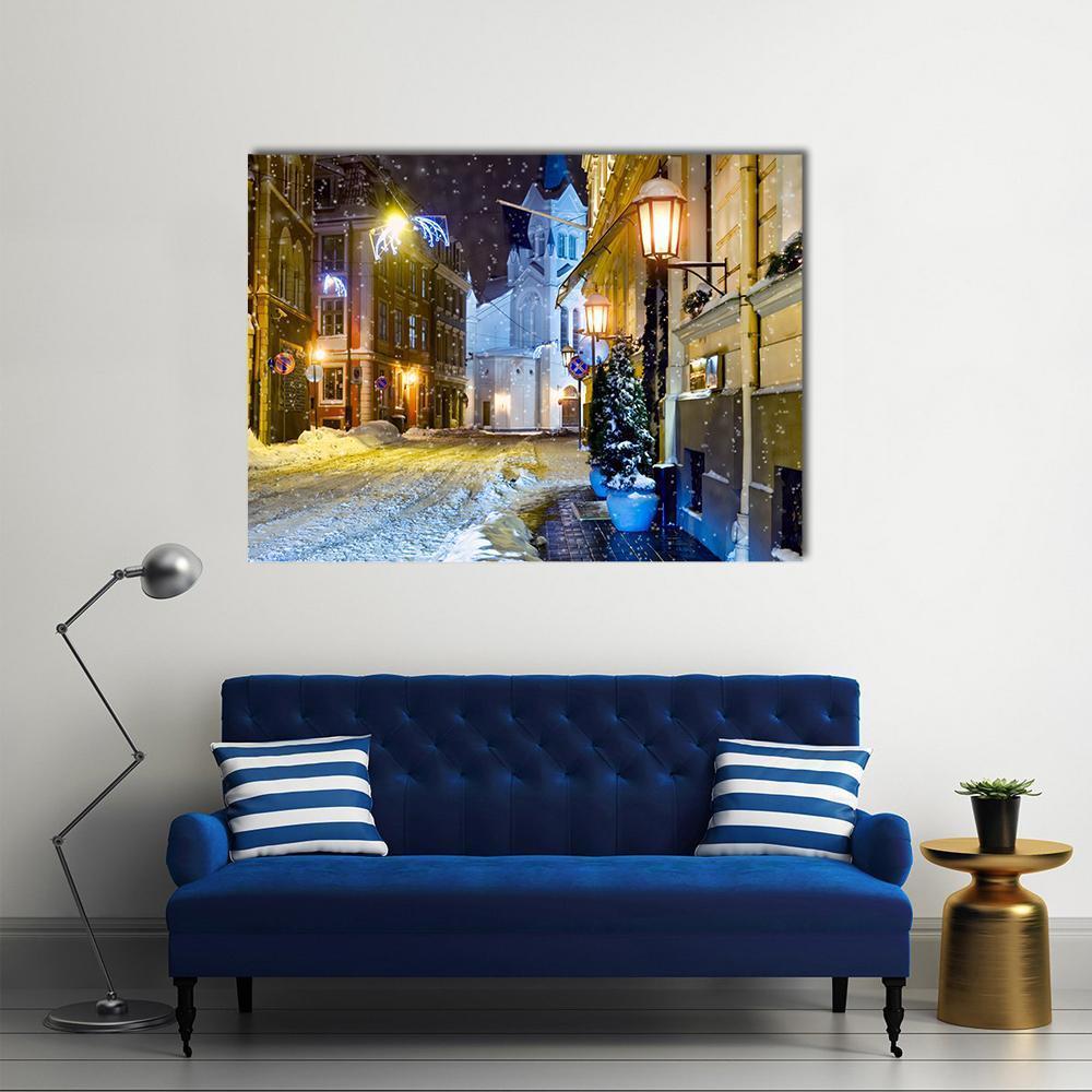 Night Town Riga Latvia Canvas Wall Art-1 Piece-Gallery Wrap-48" x 32"-Tiaracle