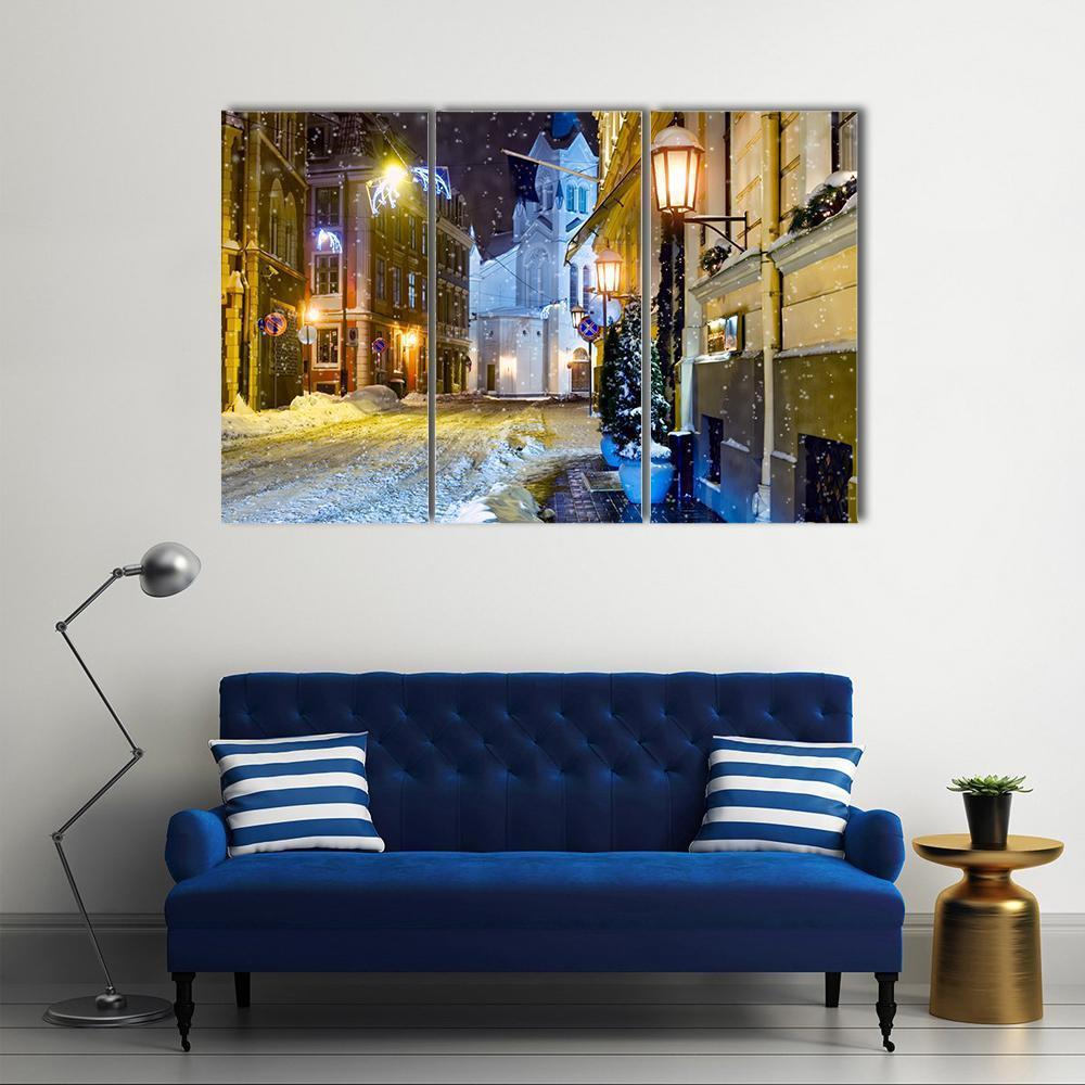 Night Town Riga Latvia Canvas Wall Art-3 Horizontal-Gallery Wrap-37" x 24"-Tiaracle