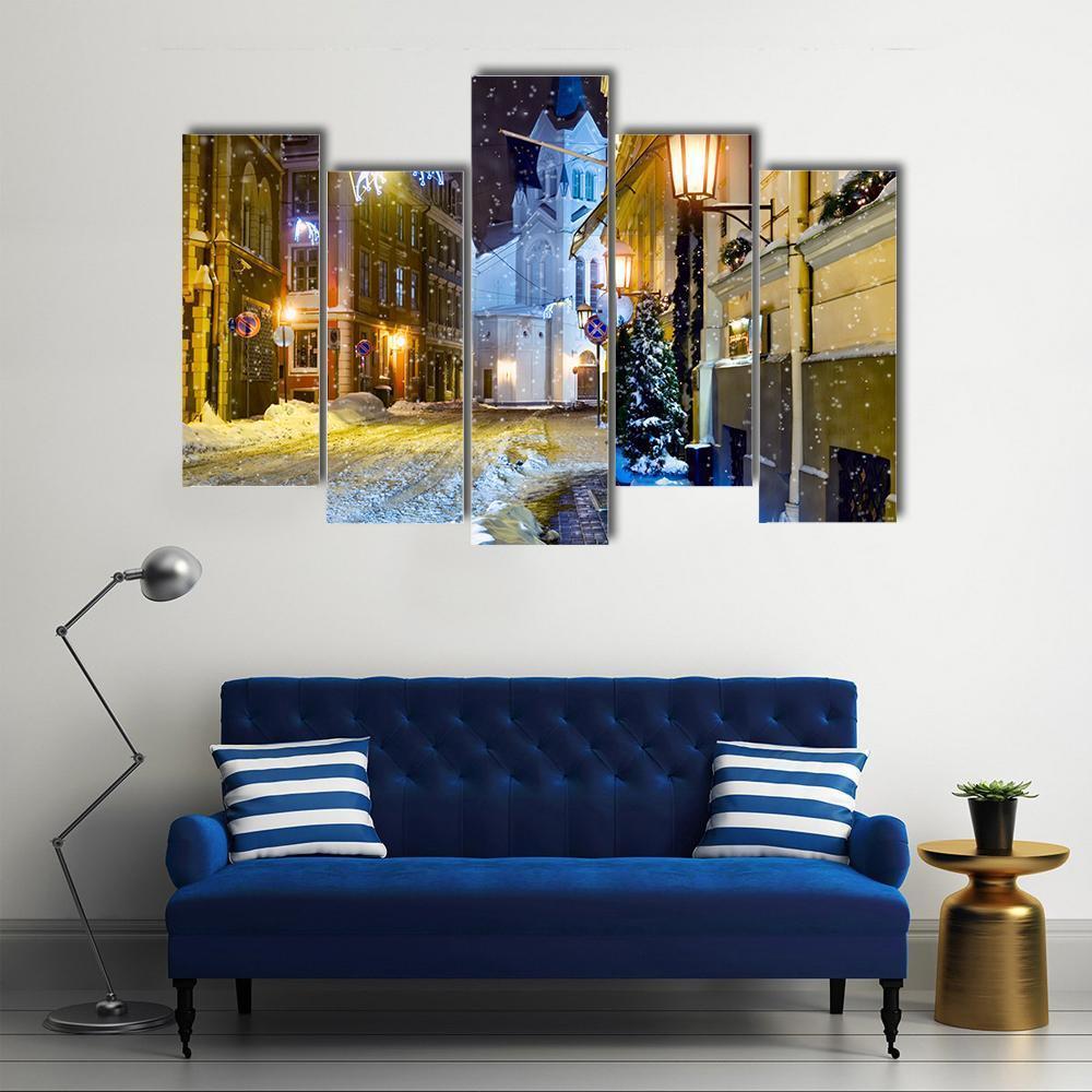 Night Town Riga Latvia Canvas Wall Art-5 Pop-Gallery Wrap-47" x 32"-Tiaracle