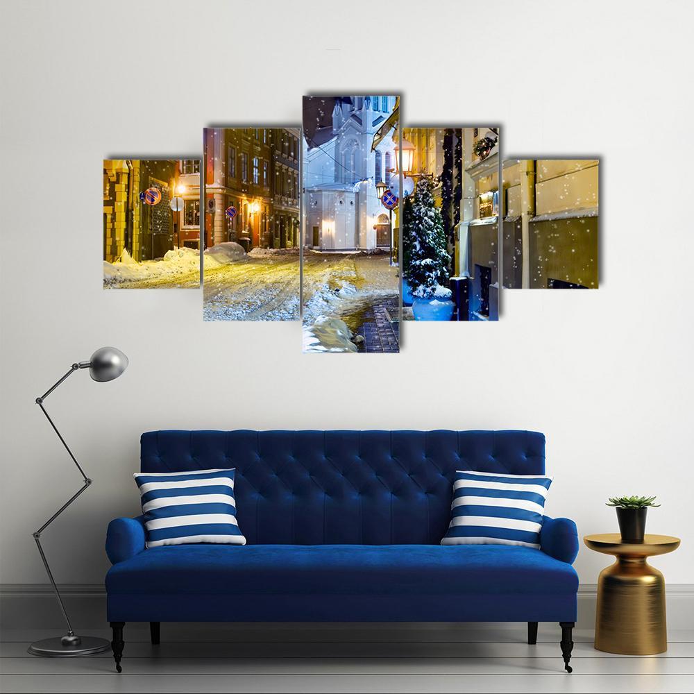 Night Town Riga Latvia Canvas Wall Art-5 Star-Gallery Wrap-62" x 32"-Tiaracle