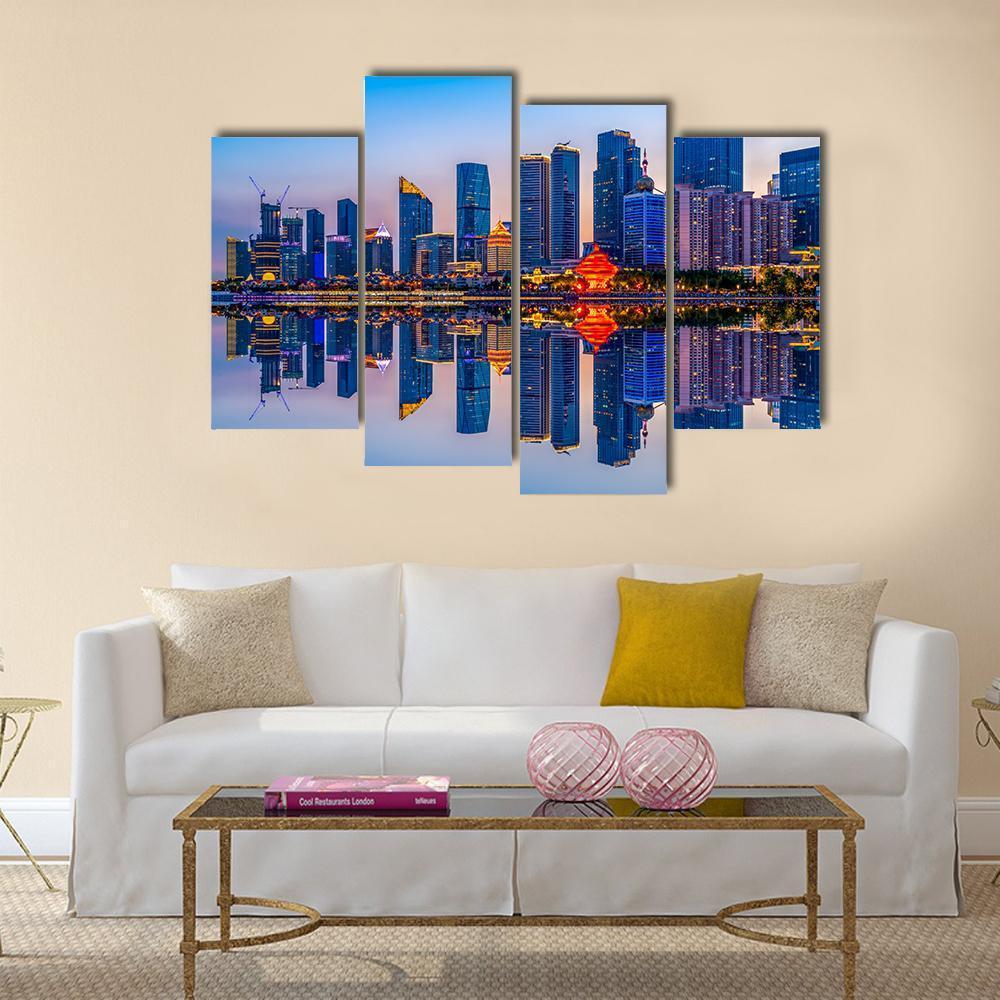 Lighting Show In Qingdao Canvas Wall Art-4 Pop-Gallery Wrap-50" x 32"-Tiaracle
