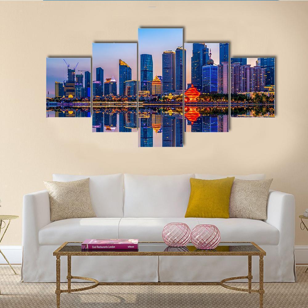 Lighting Show In Qingdao Canvas Wall Art-5 Star-Gallery Wrap-62" x 32"-Tiaracle