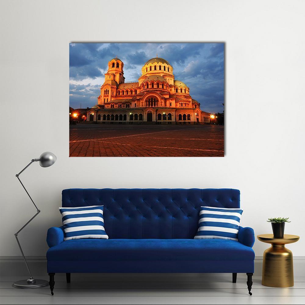 Alexander Nevsky Cathedral at Dusk Canvas Wall Art in gold, orange and blue, single panel hung on a wall