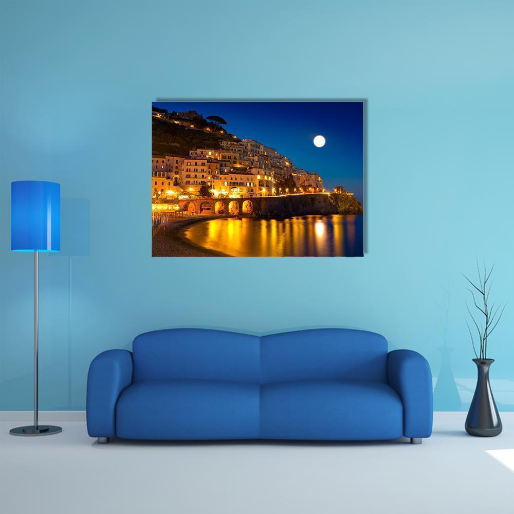 Night View Of Amalfi Cityscape Canvas Wall Art-4 Horizontal-Gallery Wrap-34" x 24"-Tiaracle