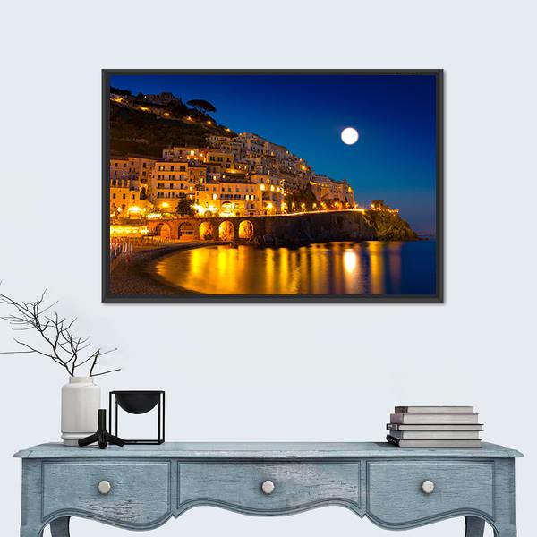 Amalfi Coast Moonlit Village Canvas Wall Art in black, yellow and blue, framed canvas, product view on a white background