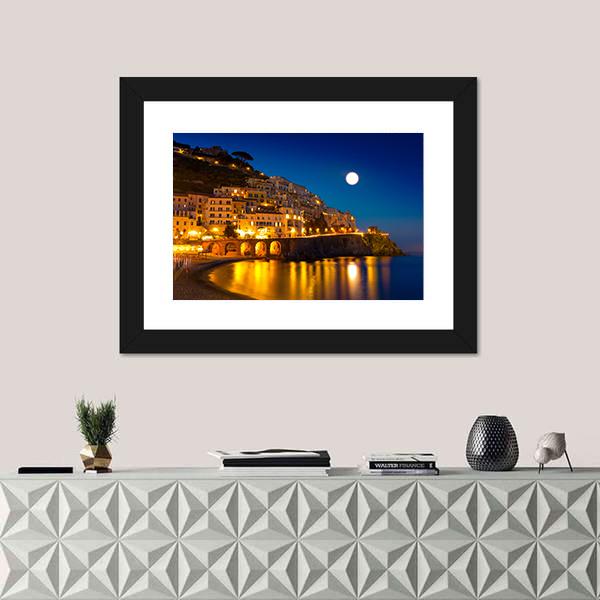 Night View Of Amalfi Cityscape Canvas Wall Art-1 Piece-Framed Print-20&quot; x 16&quot;-Tiaracle